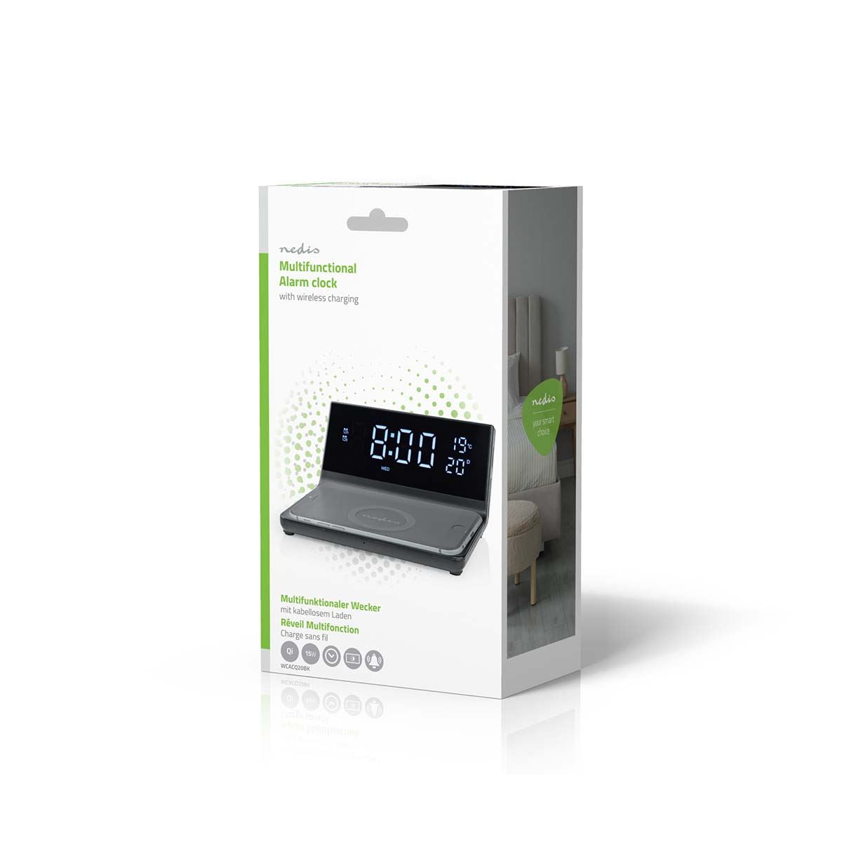 Nedis 3-in-1 Alarm Clock With Qi Wireless Charging, Led Clock, Dual Alarm, Snooze Function, USB Powered - Black