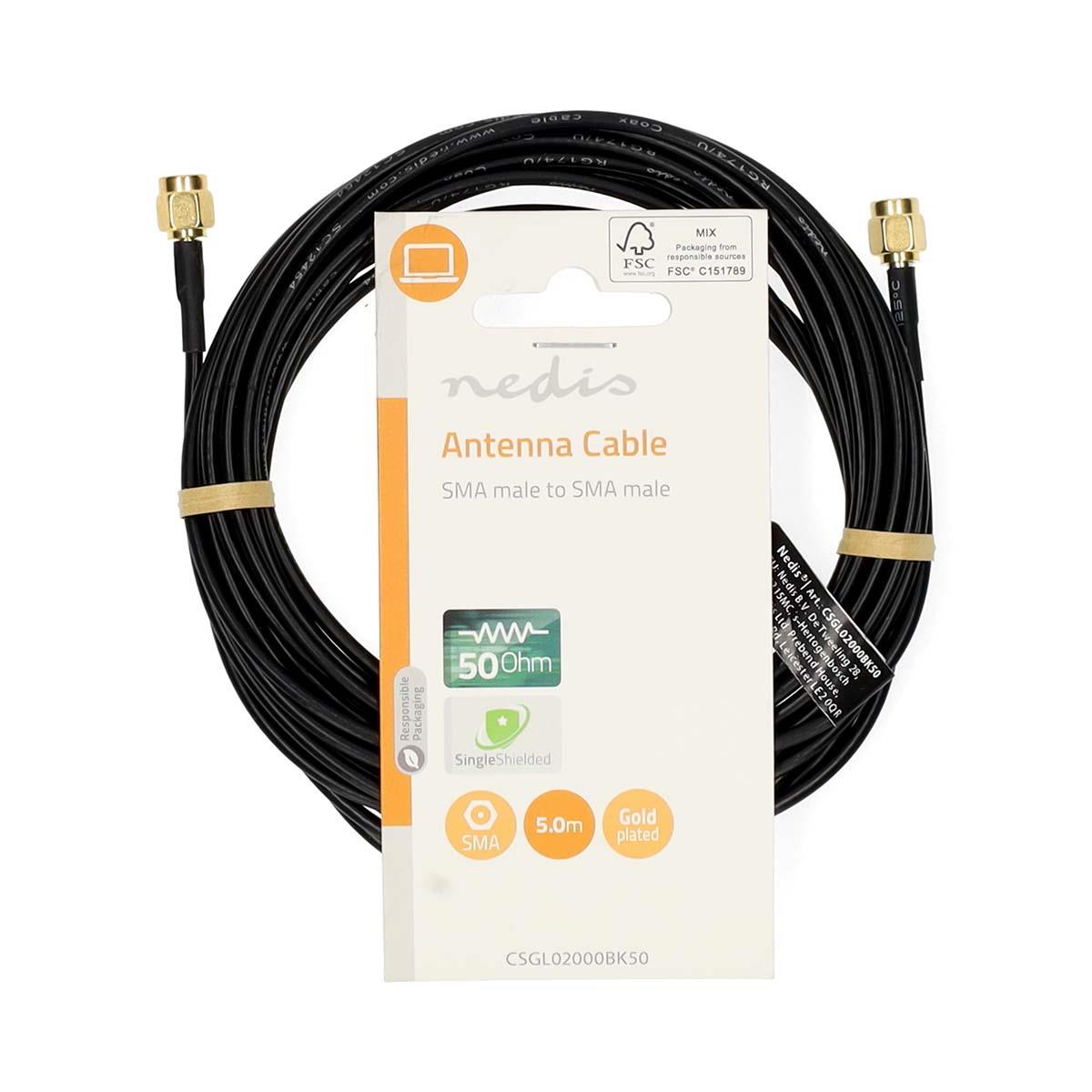 Nedis SMA Cable | SMA Male | SMA Male | Gold Plated | 50 Ohm | Single Shielded | 5.00 m | Round | PVC | Black | Label