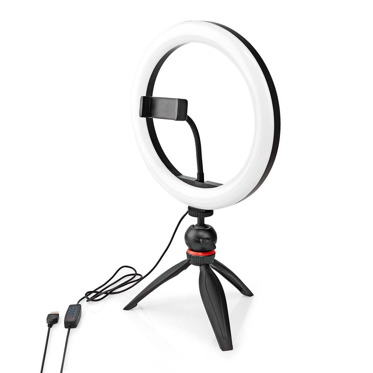 Nedis Ring Light, 10" LED Ring Lamp with 120 LEDs on Tripod Stand, USB Powered, with Flexible Phone Holder, 10 Light Modes