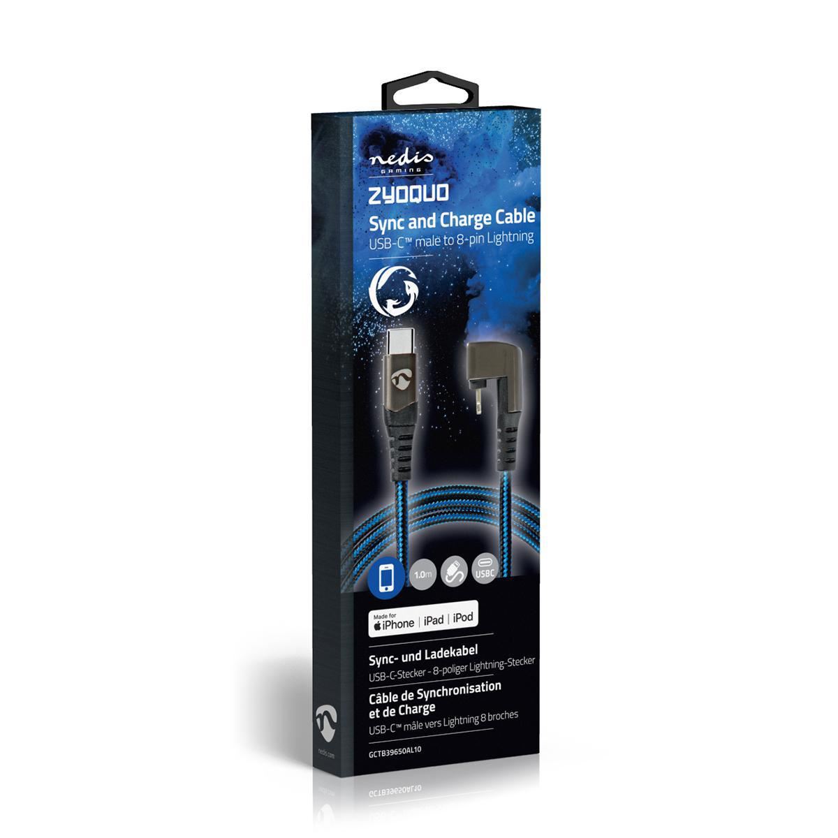 Nedis USB Cable | USB 2.0 | Apple Lightning 8-Pin | USB-C™ Male | 60 W | 480 Mbps | Nickel Plated | 1.00 m | Round | Braided / Nylon | Black / Blue | Cover Window Box