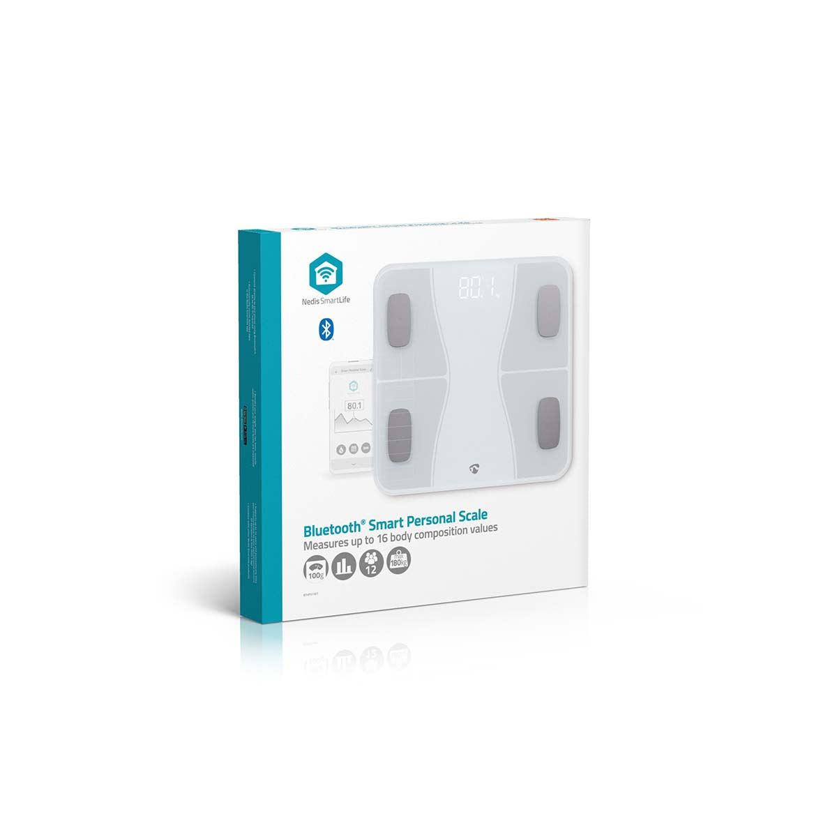 Nedis SmartLife Bluetooth Smart Weighing Scale, BMI Body Analysis with 16 Measurements Including BMI, Fat & Muscle Mass, 180 kg Capacity, Compatible with Fitbit, iOS & Android App - White