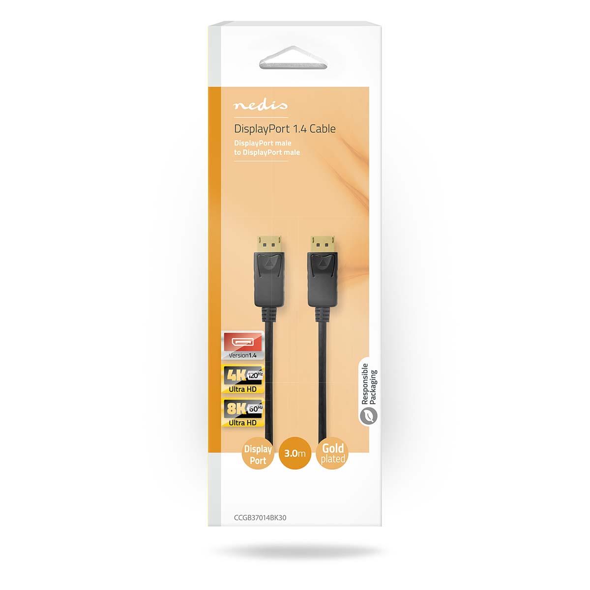 Nedis DisplayPort Cable | DisplayPort Male | DisplayPort Male | 8K@60Hz | Gold Plated | 3.00 m | Round | PVC | Black | Box