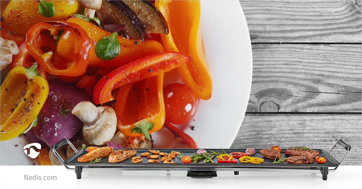 Nedis Electric Non Stick Teppanyaki Table Top Grill Griddle Plate BBQ with Drip Tray - 90cm x 23cm