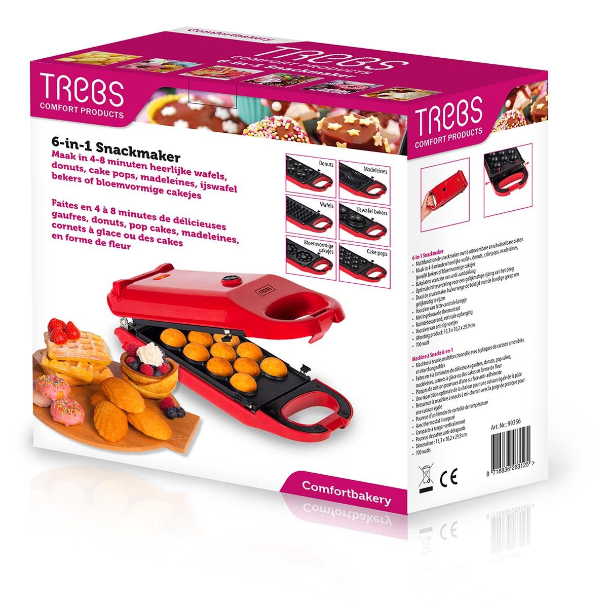Trebs 6 in 1 Snack Maker 700W Waffle Iron for Waffles, Doughnuts, Cake pops, Madeleine biscuits, Waffle Bowls, Mini cakes with Interchangeable Cooking Grill Plates for Snacks & Desserts