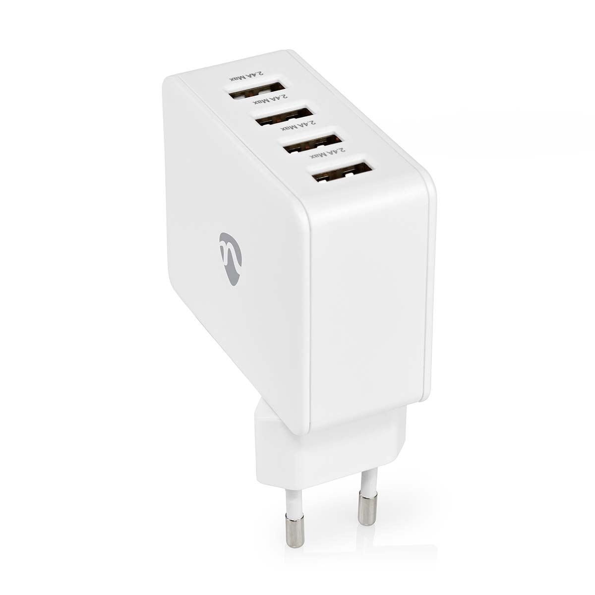 Nedis EU Euro Travel Wall Charger | 24 W | Quick charge feature | 4x 2.4 A | Number of outputs: 4 | 4x USB-A | No Cable Included | Single Voltage Output | White