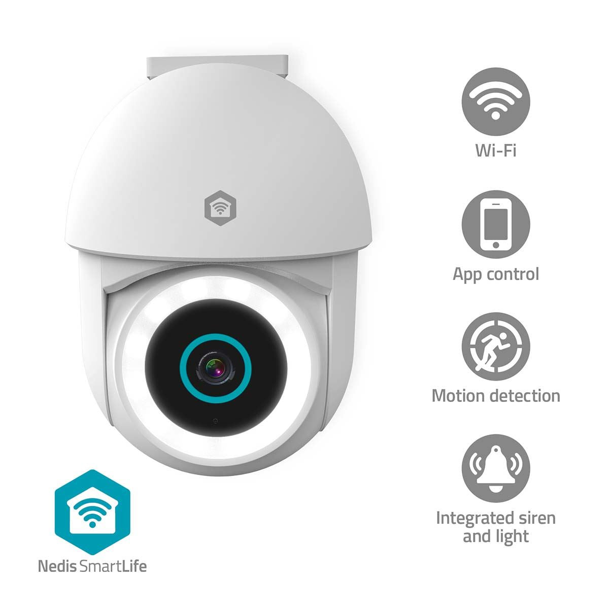 Nedis SmartLife Outdoor Camera | Wi-Fi | Spotlight | 3MP Full HD 1296p | Pan tilt | IP65 | Cloud Storage (optional) / microSD (not included) / Onvif | 5 V DC | With motion sensor | Night vision | White
