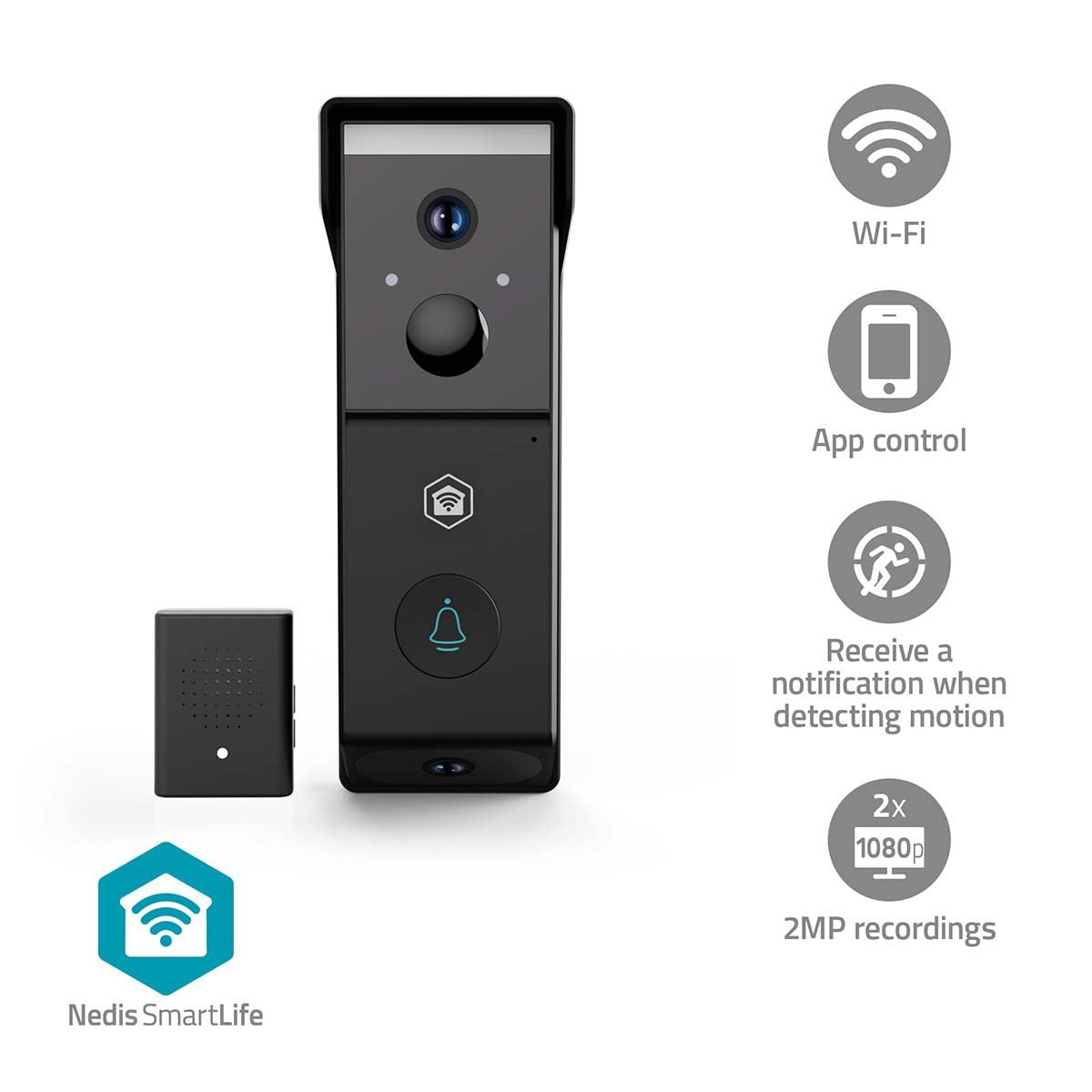 Nedis SmartLife Wireless Video Doorbell WiFi Camera, Battery Powered | 2x Full HD 1080p | Cloud Storage (optional) / microSD (not included) | IP54 | With motion sensor | Night vision | Black