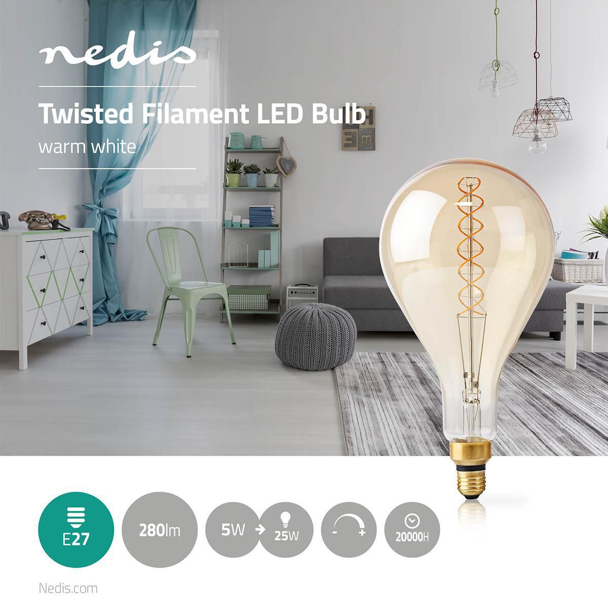 Nedis LED Filament Bulb E27, Dimmable Circular-Shaped Retro Bulb, 280 Lumen, 5W, Warm White 2000K, 330 Degree Beam, Eco-Friendly Glass, 20,000H Lifetime