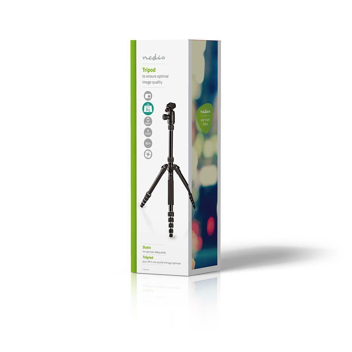 Nedis Tripod | Maximum load capacity: 3.0 kg | Minimum working height: 17.5 cm | Maximum working height: 145.0 cm | 3 Segments | Ball Head | Travel bag included | Reversible center column | ABS / Aluminium | Black