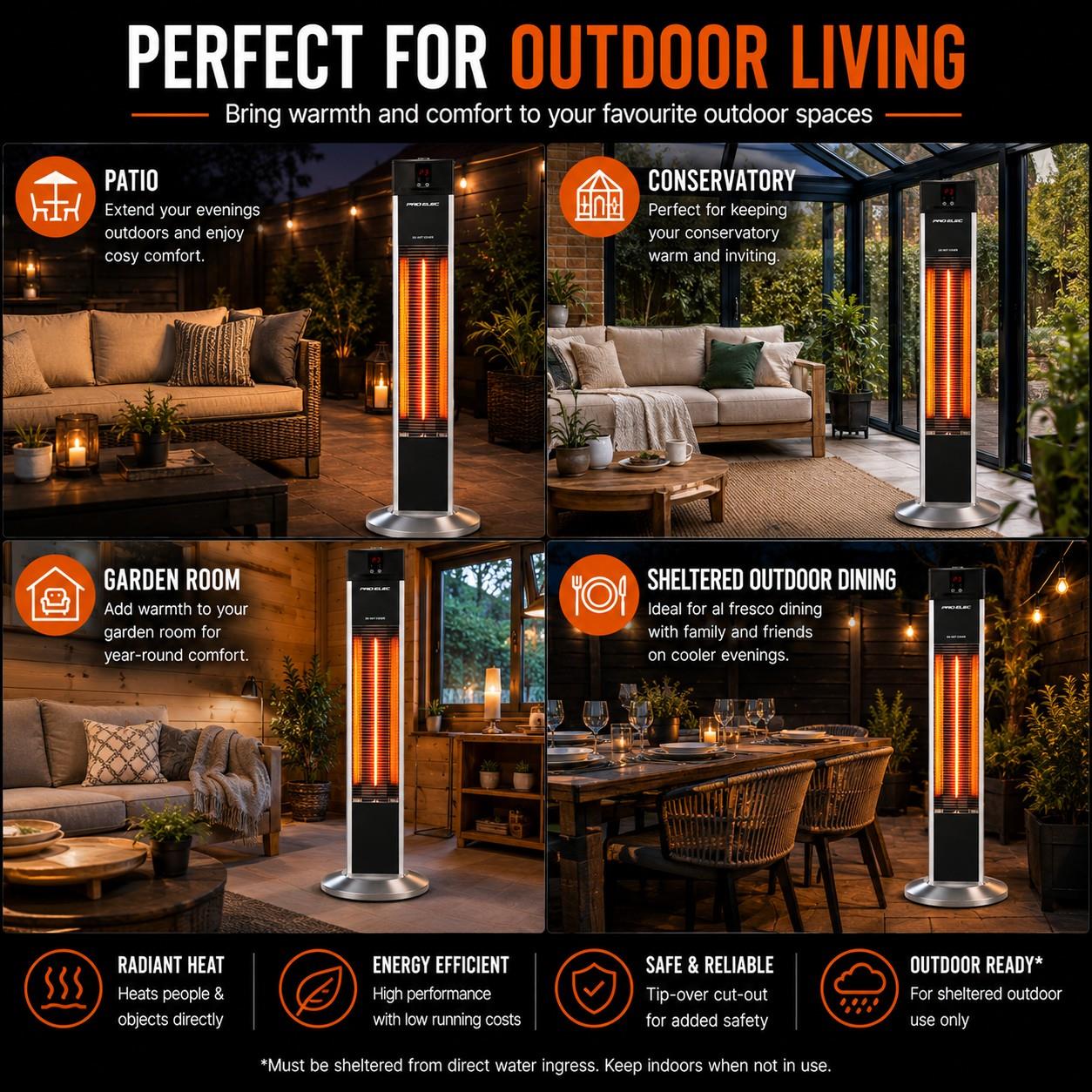 Free Standing Infrared Patio Heater - Carbon Fibre Outdoor Heater with Remote Control, 3 Heat Settings, Tip-Over Protection