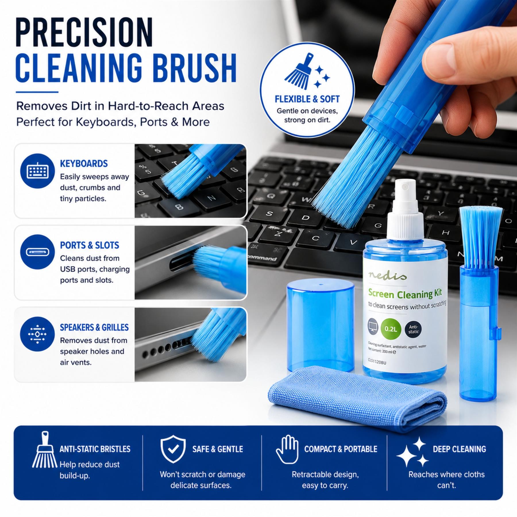 Nedis Screen Cleaner Kit for TV, PC, Smartphone & Tablet, 200 ml Spray, Brush & Pearl Cloth