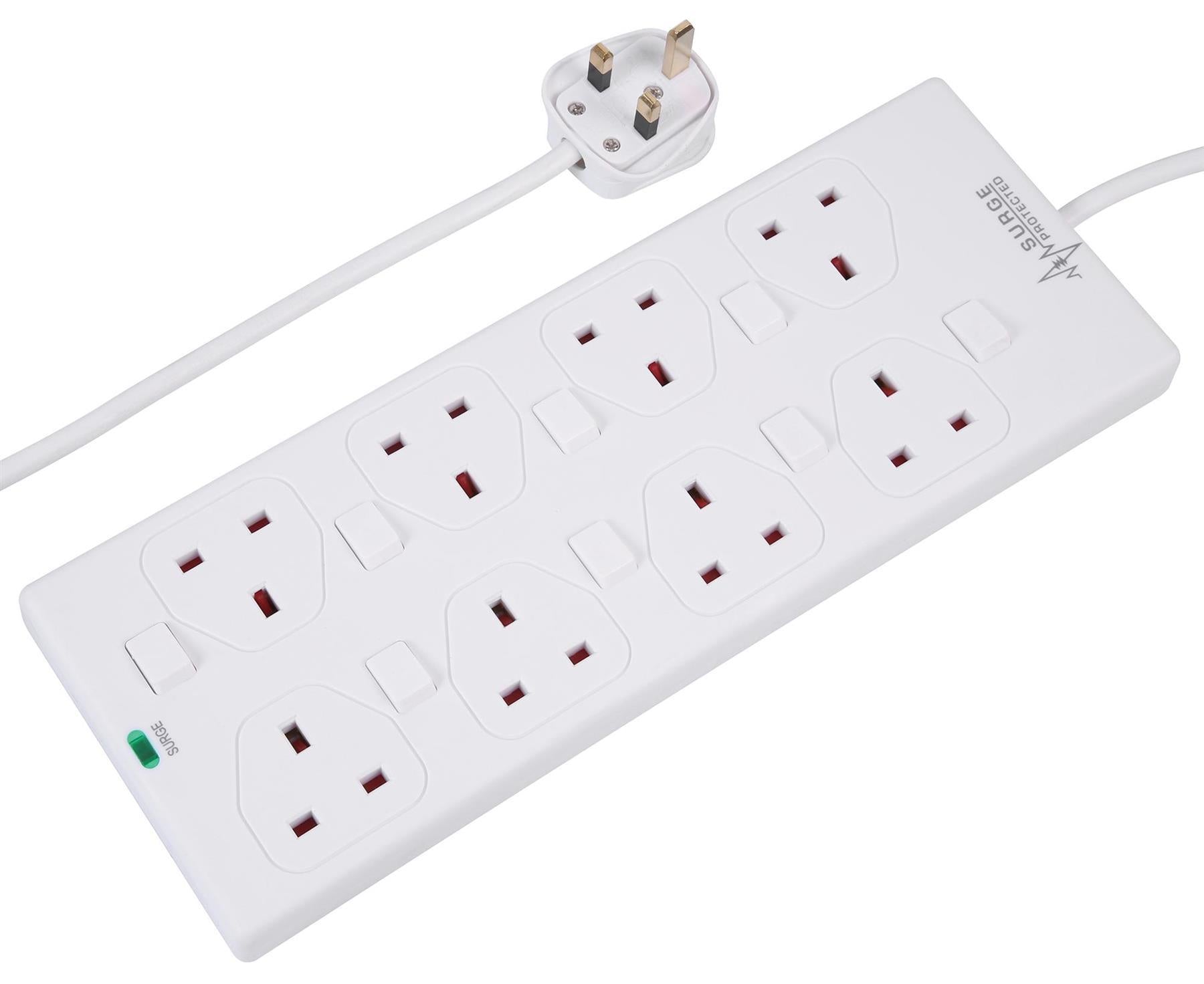 8 Gang 1m Mains Extension Lead Socket Individually Switched 13A with Surge Potection - White
