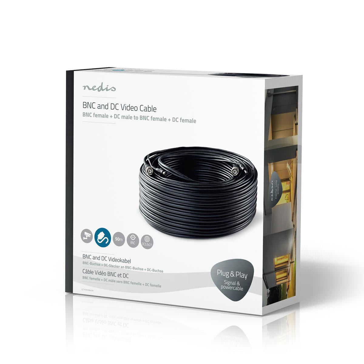 Nedis CCTV 50m Combination Installation Security Cable| BNC / DC Connections|Male to Female Dual Run|Round | PVC | Black