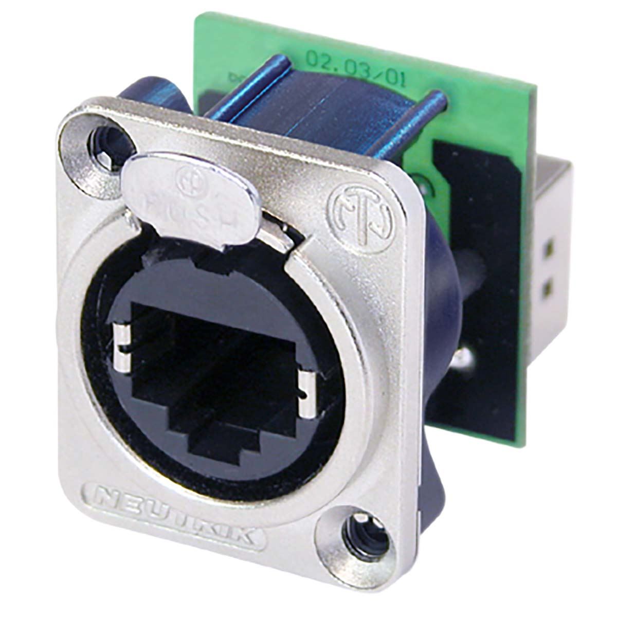 Neutrik RJ45 Feedthrough Panel Mount receptacle, D-shape Metal Flange with the latch lock