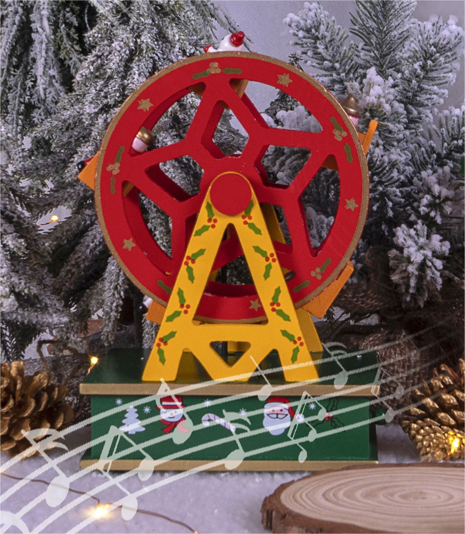 Christmas Mechanical Wooden Fairground Ferris Wheel Mini Music Box Wind Up