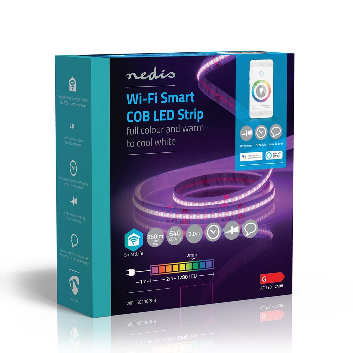 Nedis Smartlife Ultra-Thin 2m COB LED Strip, Warm to Cool White & RGB Colour, Wi-Fi Connected No Hub Required, Adjustable Brightness with Voice Control - Compatible with Google Home & Alexa