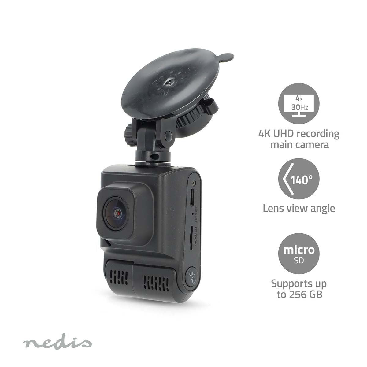 Nedis Dual Dash Cam, 4K UHD Front & 1080p Cabin View, 12MP, 2" IPS Display, GPS, Wi-Fi, G-Sensor, Parking & Motion Detection, Night View, 140� Wide Angle, Loop Recording, Photo Mode