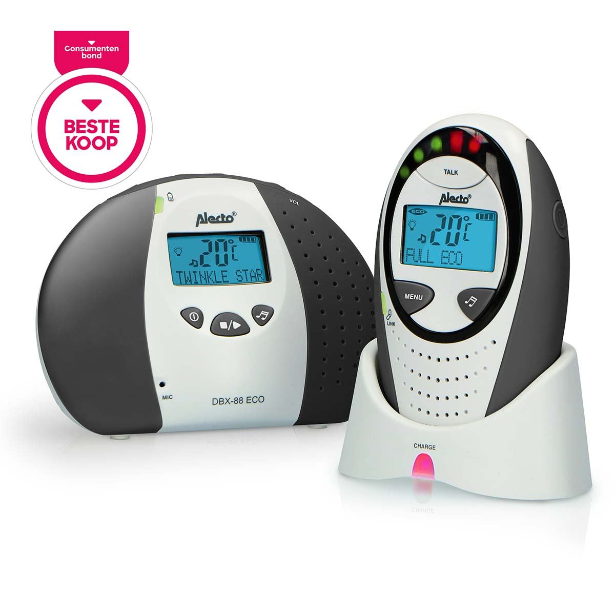 Alecto DBX88G Digital Audio Baby Monitor, Parent Unit with Rechargeable Battery, Long Range, Digital Transmission, Crystal-Clear Sound, lullaBY, Plug & Play, Sound Indicator & Alerts