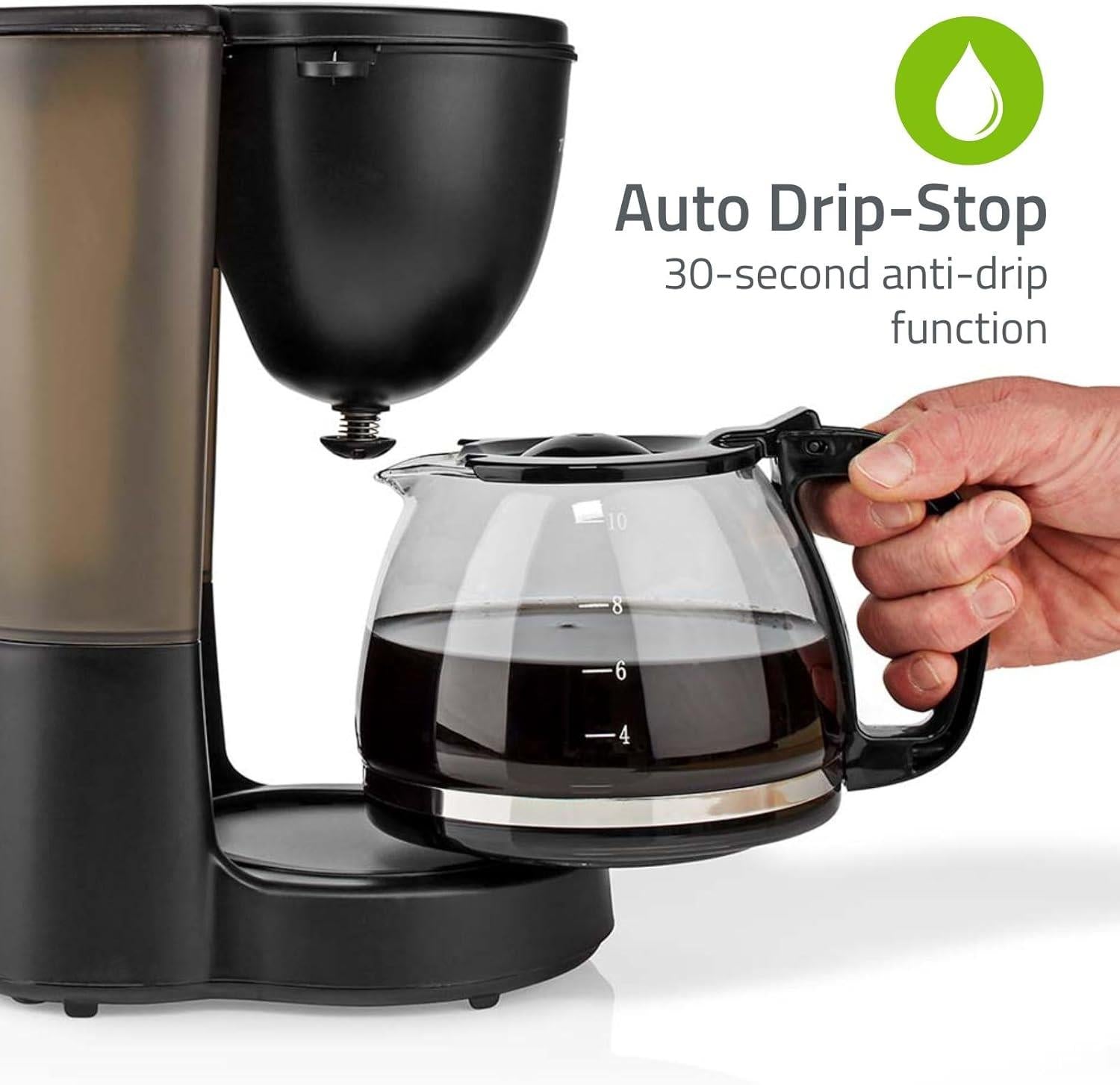 Nedis Coffee Maker 1.25L Easy to Use Keep Warm Function Nylon Reusable Filter - Black