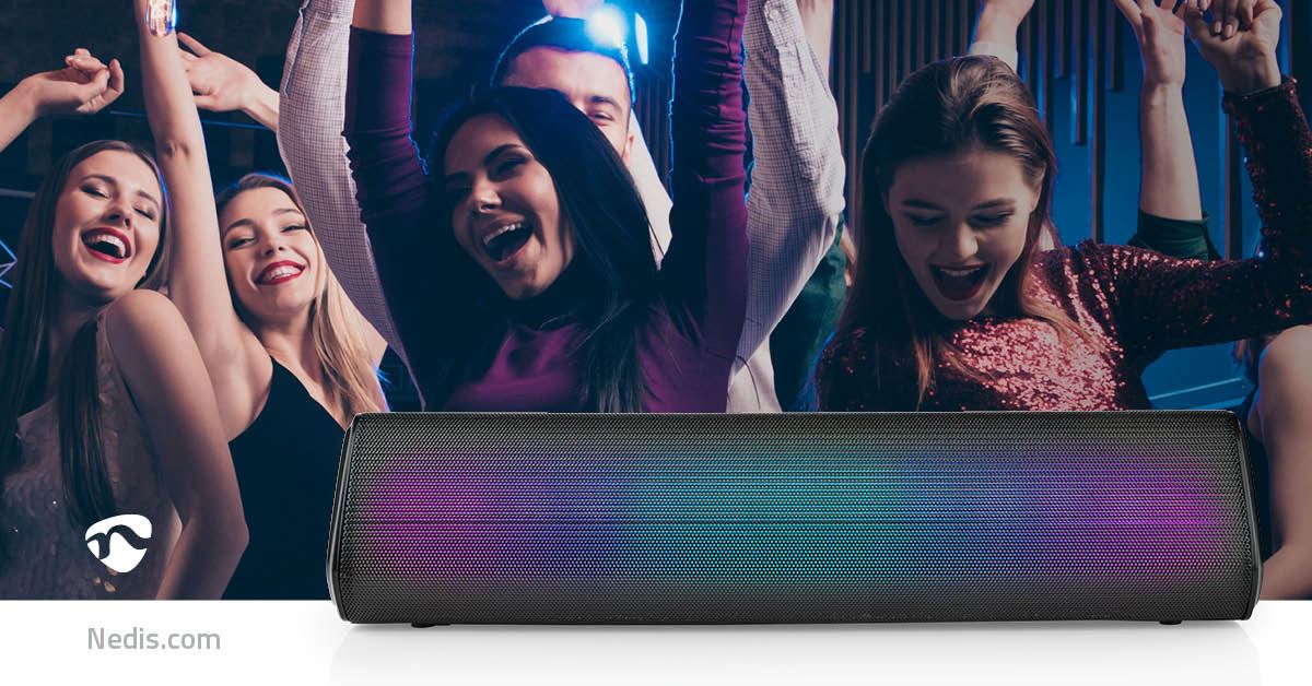 Nedis Bluetooth Speaker, 2.0 Channel 18W Wireless with RGB LED, Tilted Table Design, TWS, Built-In Mic, USB-C, Aux-In, 6-Hour Battery, Lightweight & Portable � Black