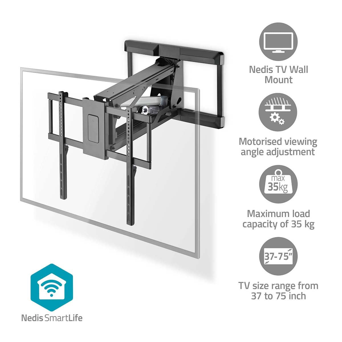 Nedis SmartLife Motorised Lift TV Wall Mount Bracket for 37-75" Screen Max 35kg Adjustable Height Tilt and Swivel with Remote Control