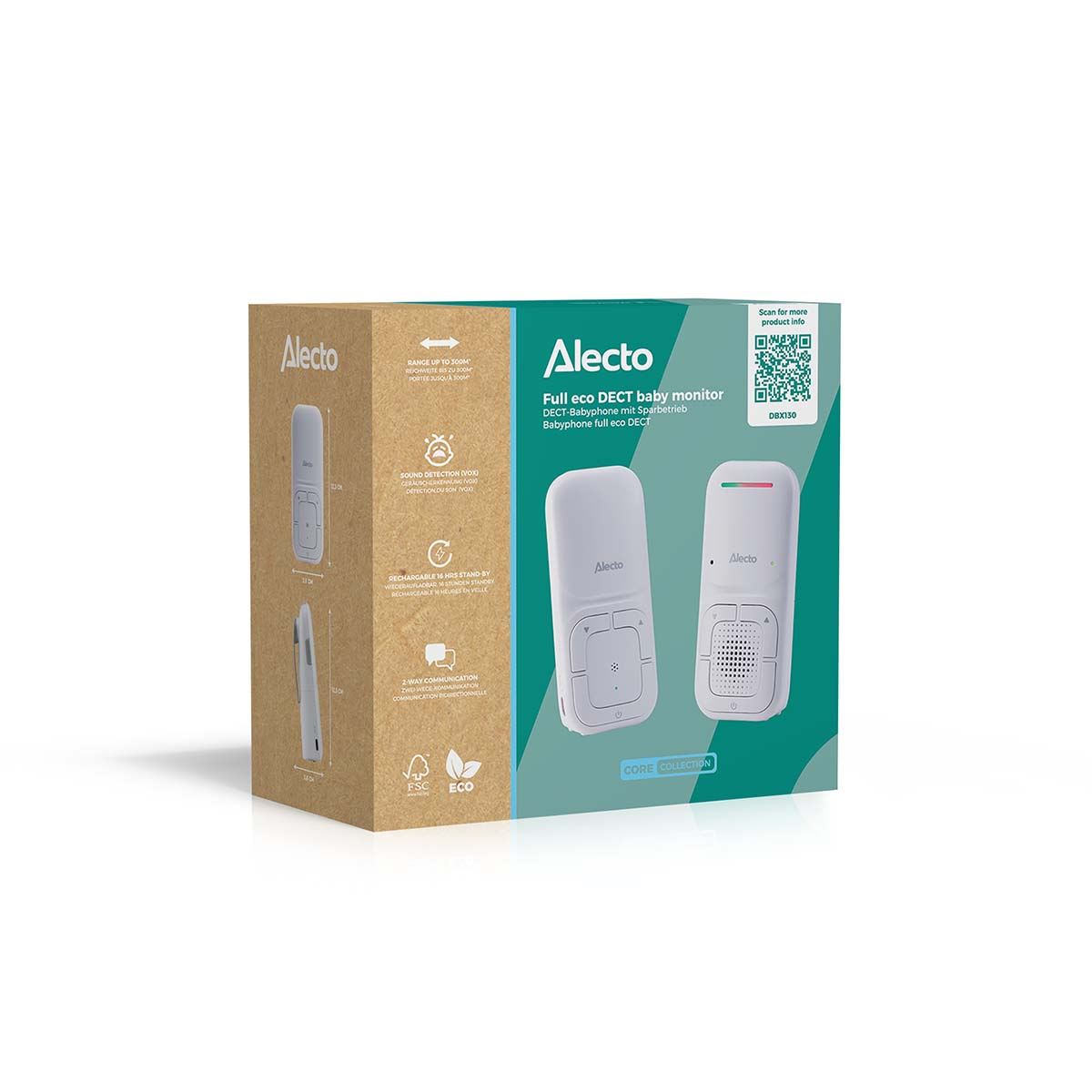 Alecto DBX130 Digital Audio Baby Monitor, Parent Unit with Rechargeable Battery, Long Range, Digital Transmission, Crystal-Clear Sound, Plug & Play, Sound Indicator & Alerts