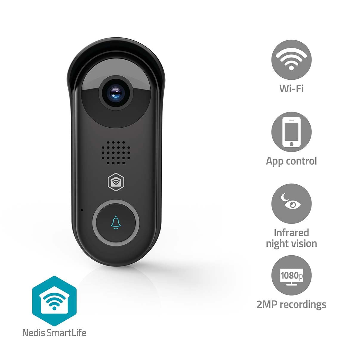 Nedis SmartLife Wireless Video Doorbell WiFi Camera,| Full HD 1080p | Cloud Storage (optional) / microSD (not included) / Onvif | IP54 | With motion sensor | Night vision | Black
