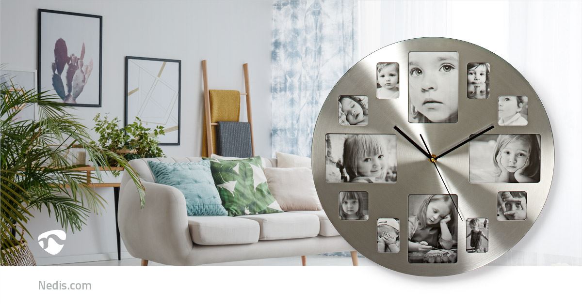 Nedis 40cm Picture Frame (Personalise) Wall Clock, Battery Powered -  Stainless Steel / Silver