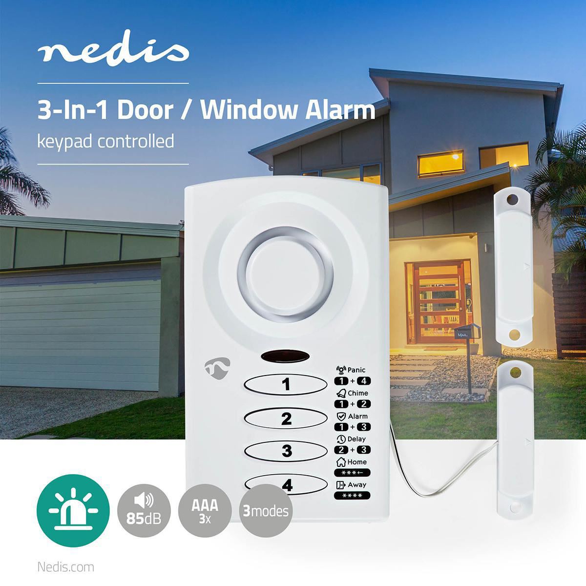 Nedis Keypad Operated Alarm, Magnetic Window Door Sensor with 3 Modes, Entry Chime Panic 85dB Siren Security for Home Shop Shed Garage