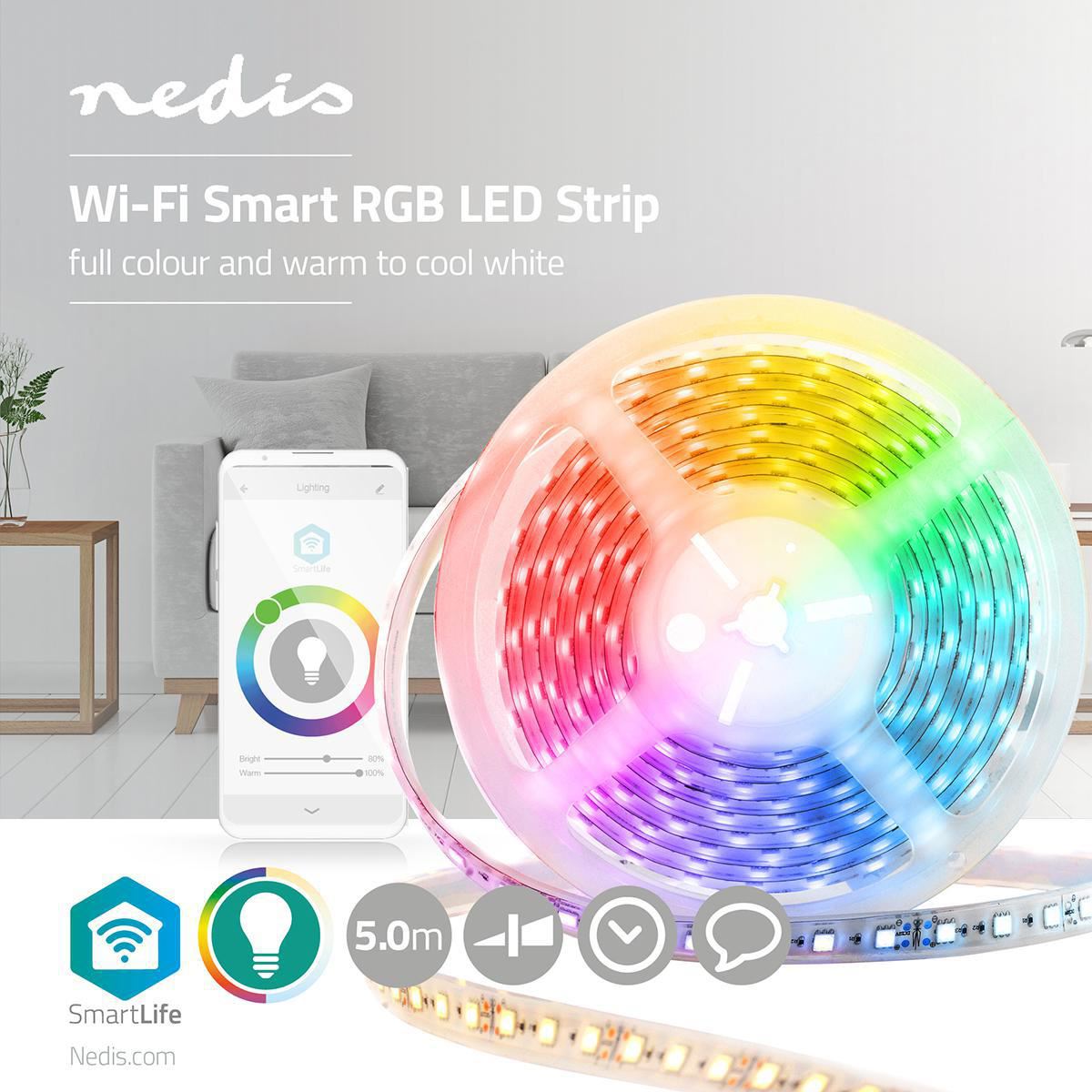 Nedis SmartLife LED Strip | Wi-Fi | Cool White / RGB / Warm White | SMD | 5.00 m | IP44 | 2700 - 6500 K | 960 lm | Android™ / IOS