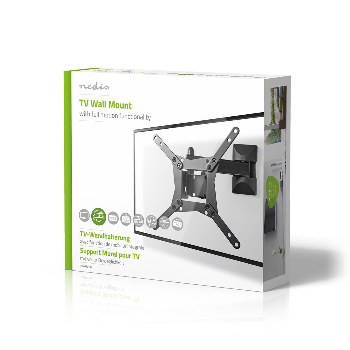 Nedis Full Motion TV Wall Mount | 10 - 32 " | Maximum supported screen weight: 30 kg | Tiltable | Rotatable | Minimum wall distance: 68 mm | Maximum wall distance: 370 mm | 3 Pivot point(s) | Steel | Black