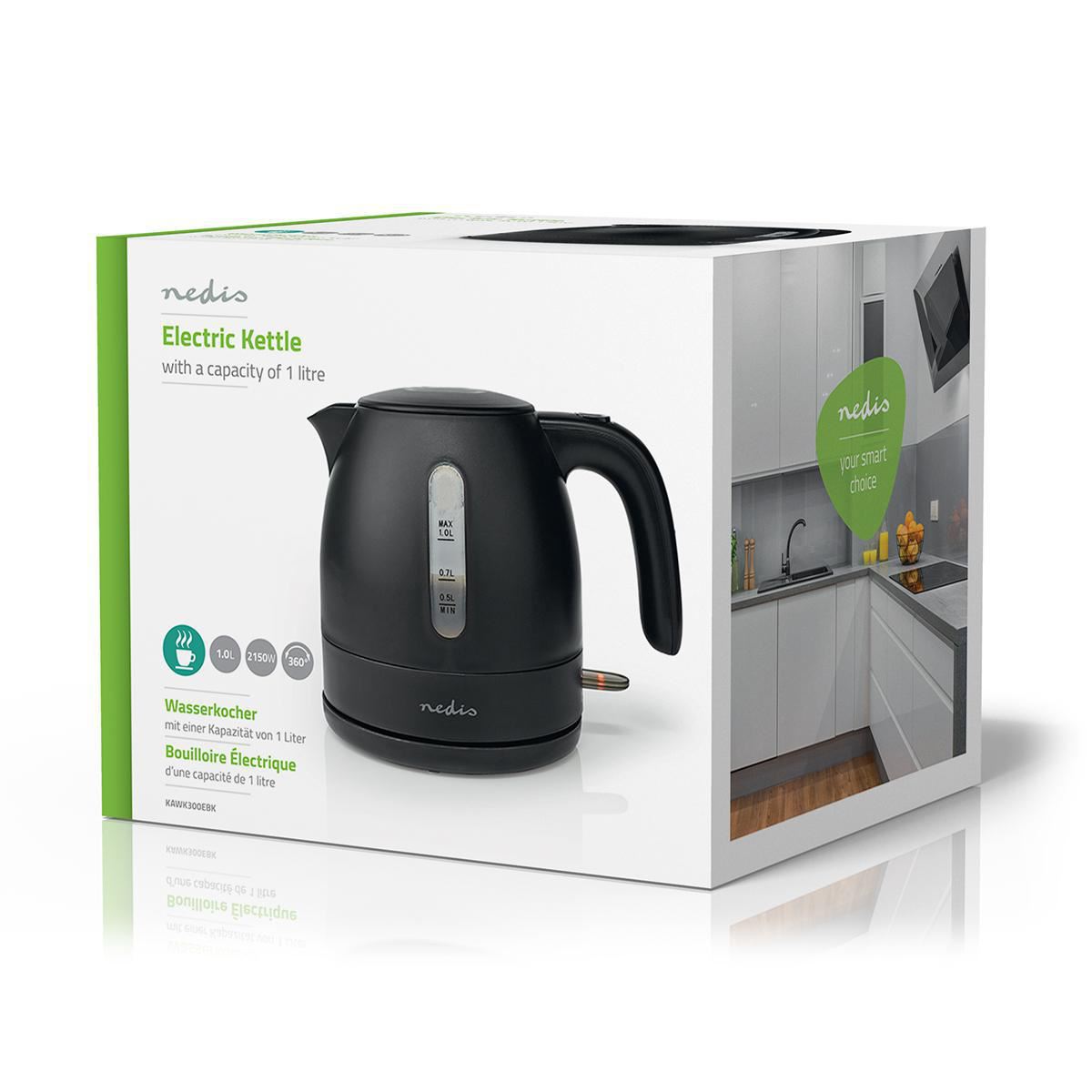 Nedis Electric Kettle, 1.0L Capacity with Quick Boil Time, Boil-Dry Protection and Removable Filter for Fresher Water, 2150W - Black