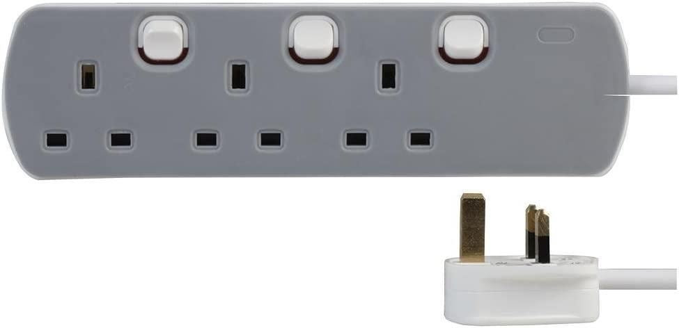 3 Gang 5m Mains Extension Lead Socket Individually Switched 13A - Grey