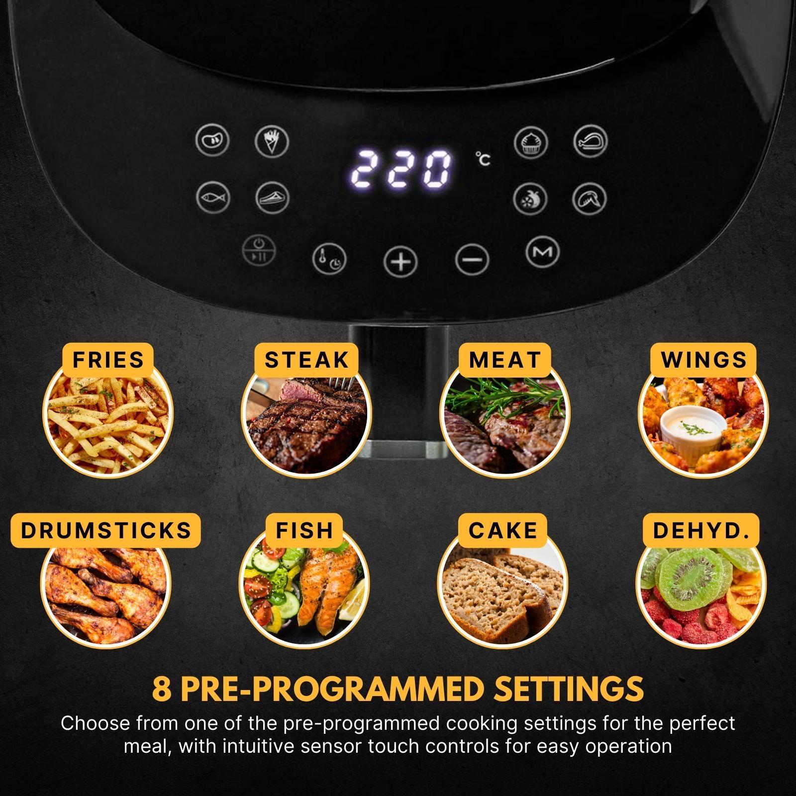 Nedis 4.2L Hot Air Fryer XXL for Healthy Low Fat Cooking, with Adjustable Temperature, Digital Display Control, 8 Presets and 240 Minute Timer, 1300W - Black