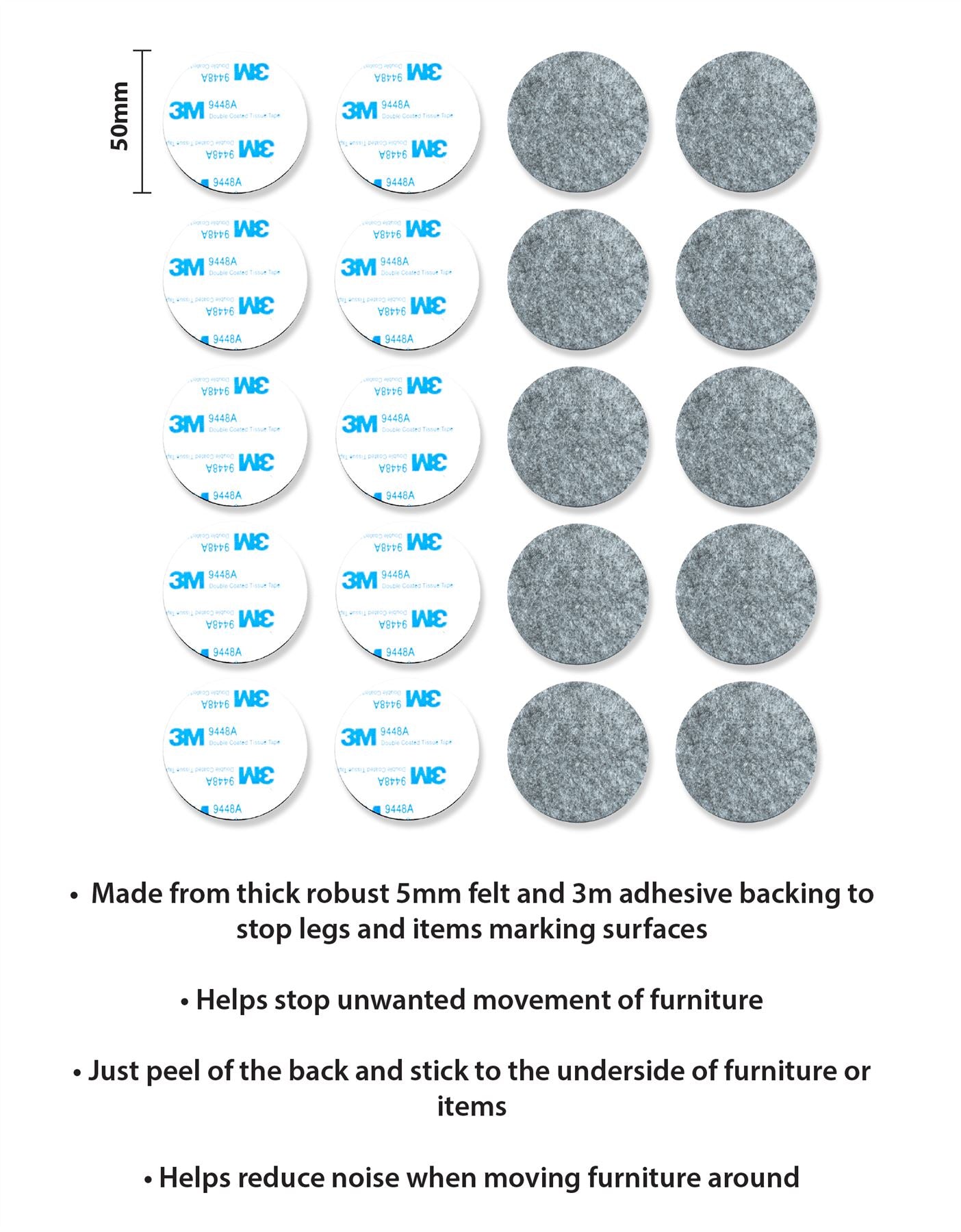 50mm 20 Pack Felt Pads Self Adhesive Grey Sticky Furniture Floor Chair Legs Protectors