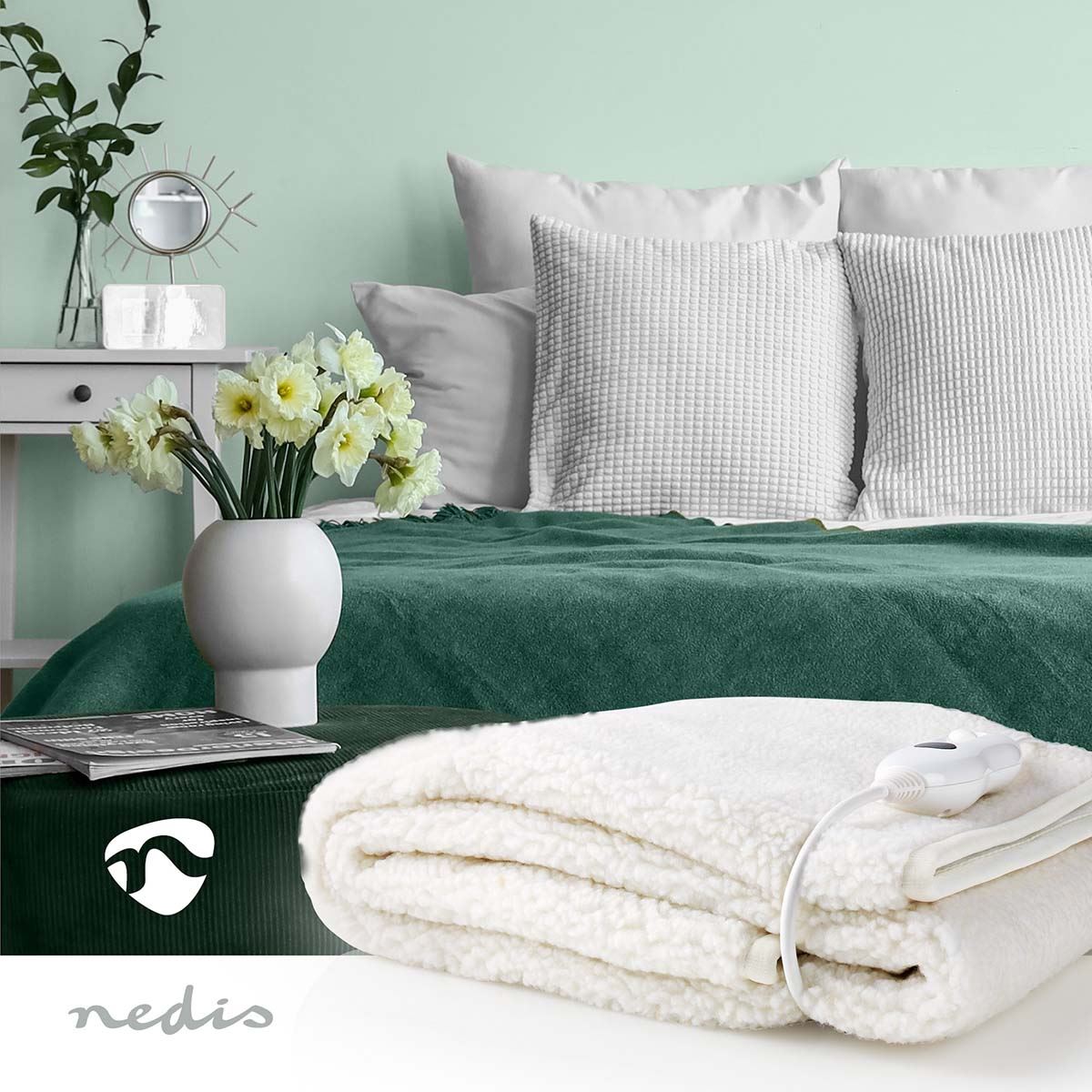 Nedis Heated Blanket, Underblanket 150 x 80cm, 1 Person, White, 3 Levels, Timer Auto-Off, Machine Washable, Soft and Full Body Warming, Sofa Bed Office Use, Warm blanket, Electric throw