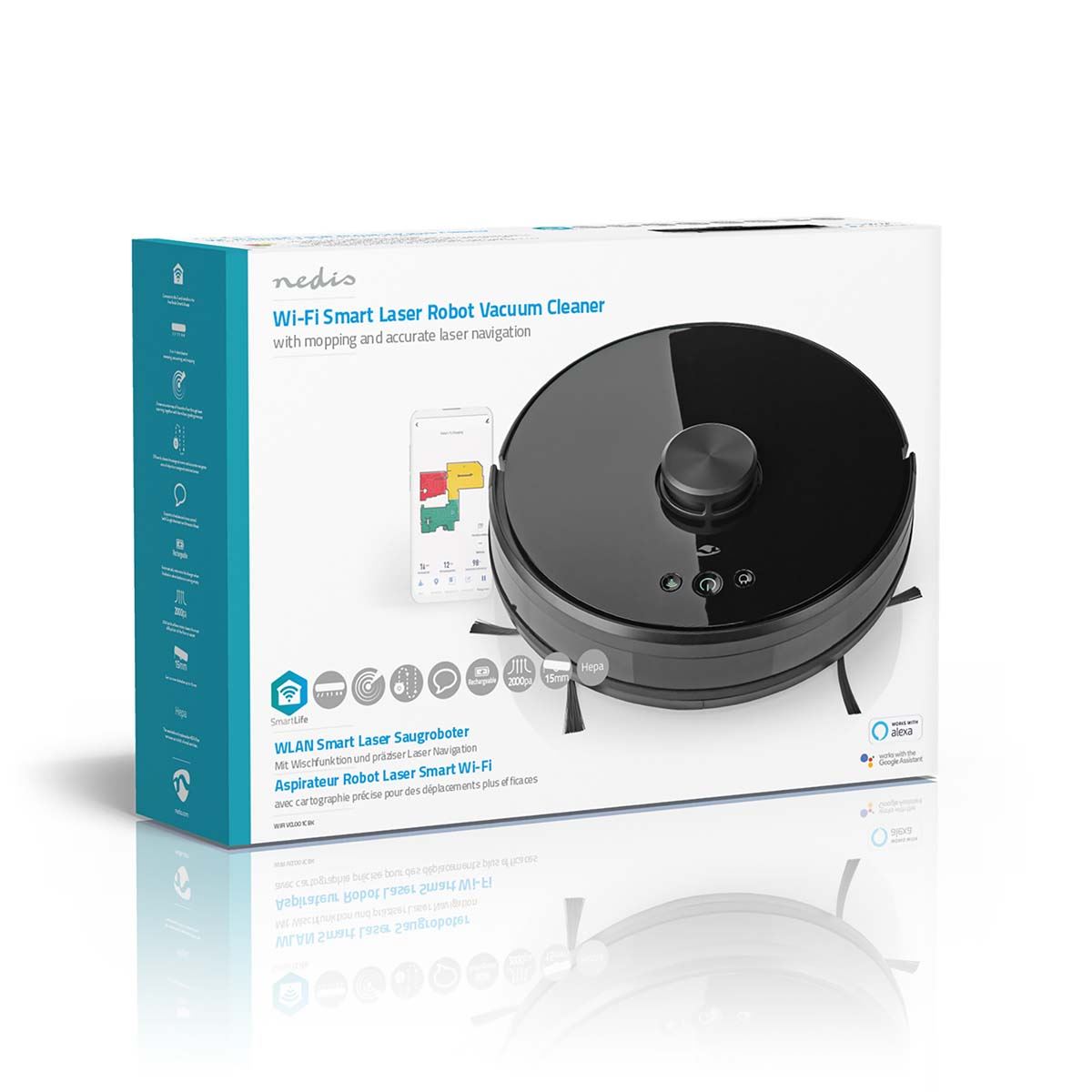 Nedis SmartLife Robot Vacuum Cleaner | Laser Navigation | Wi-Fi | Capacity collection reservoir: 0.6 l | Automatic charging | Maximum operating time: 2 hrs | Black | Android™ / IOS