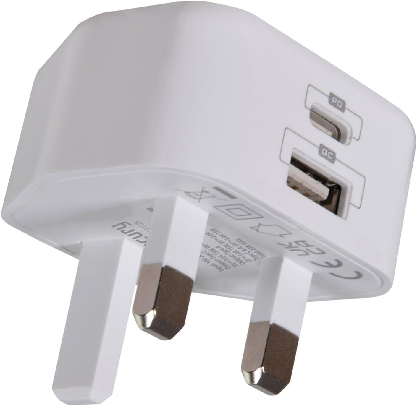 Mercury 20W USB-C & USB-A 2 Ports Fast Charging plug with PD 3.0 & PPS Technology – Compact, Lightweight, and Universal Charger for iPhone, iPad, and More | White