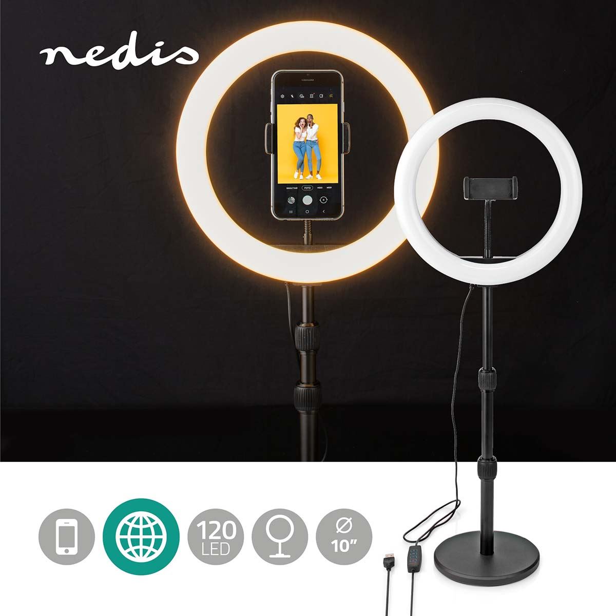 Nedis Ring Light, 10" LED Ring Lamp with 120 LEDs on Aluminium Table Stand, USB Powered, with Flexible Phone Holder, 10 Light Modes