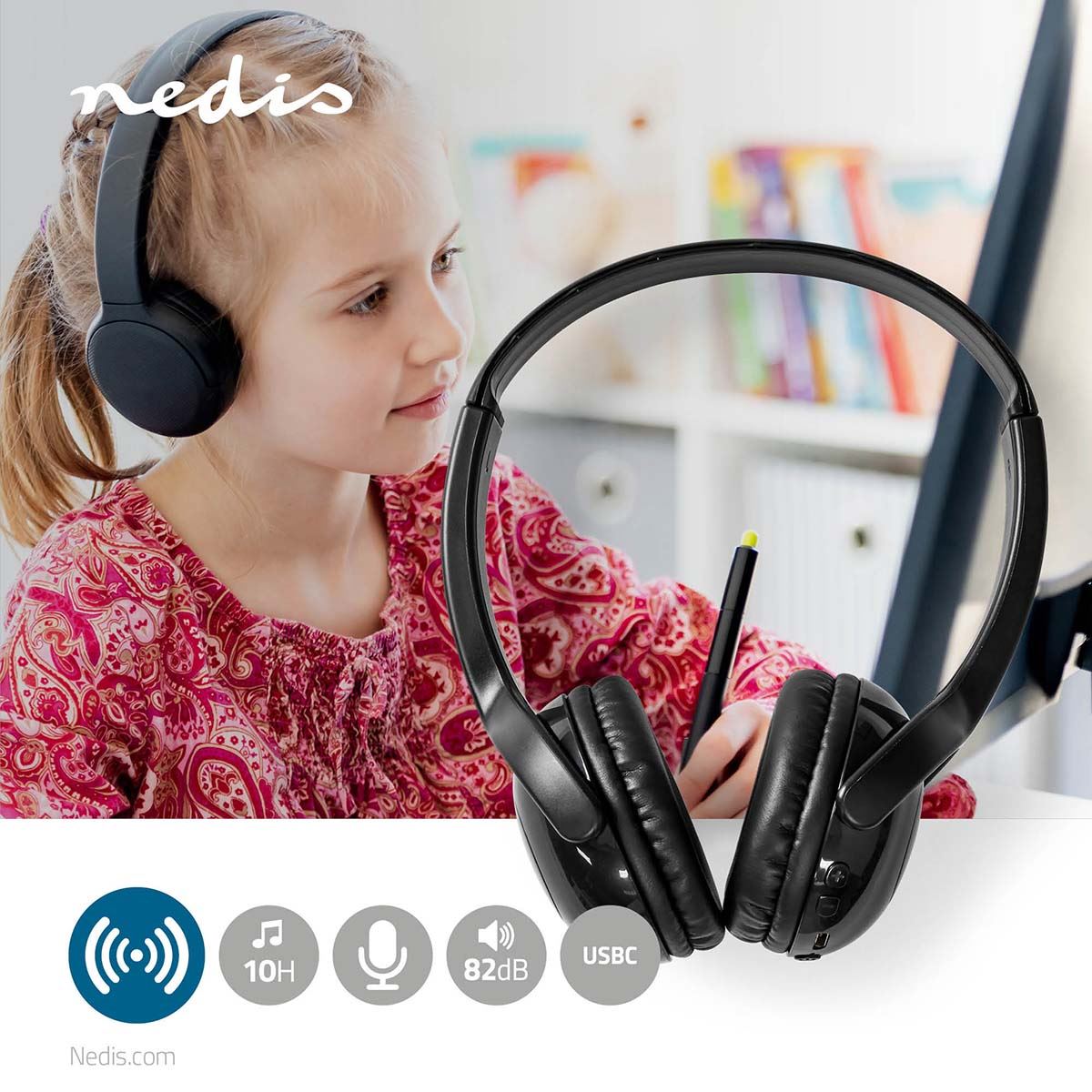 Nedis Wireless On-Ear Childrens Headphones With 60dB Sound Limitation, Bluetooth 5.0, Built-In Microphone, Adjustable Headband, 8 Hour Playtime, USB-C Charging, 30mm Drivers