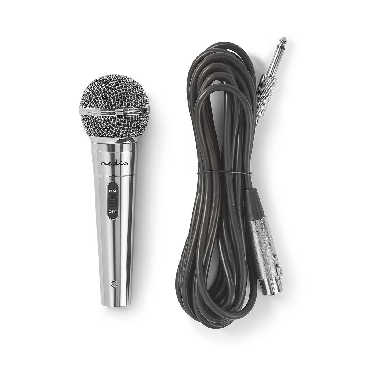 Nedis Uni-Directional Wired 6.5mmm Dynamic Microphone, On/Off, sensitivity 72dB +/- 3dB, 80Hz-13kHz, Wired 5m - Metal Silver
