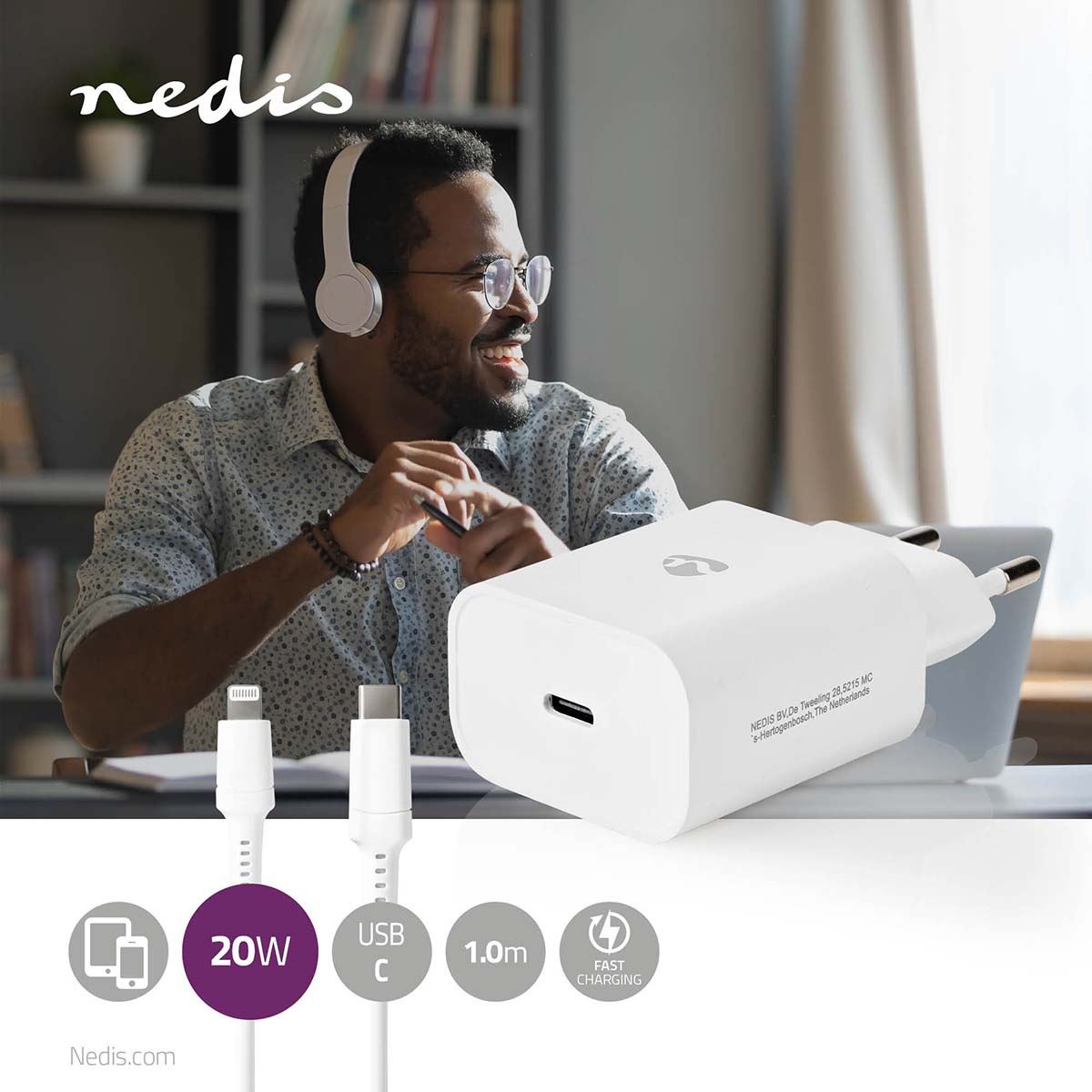 Nedis EU Euro Travel Wall Charger | 20 W | PD3.0 20W | Quick charge feature | 1.67 / 2.22 / 3.0 A | Number of outputs: 1 | USB-C™ | Lightning 8-Pin (Loose) Cable | 1.00 m | Automatic Voltage Selection | White