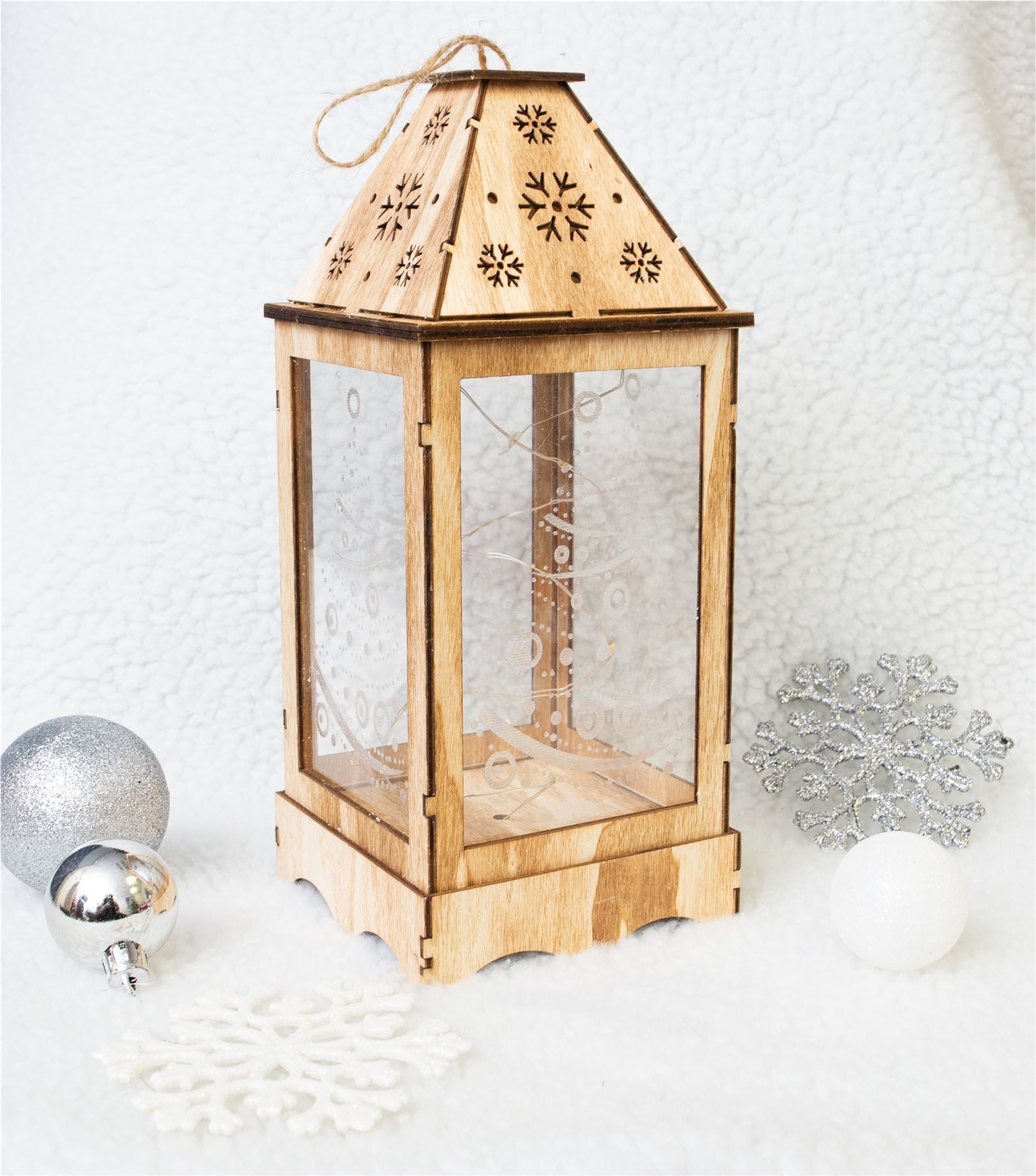 Wooden Christmas Lantern Pre-Lit with LED String Lights Battery Powered