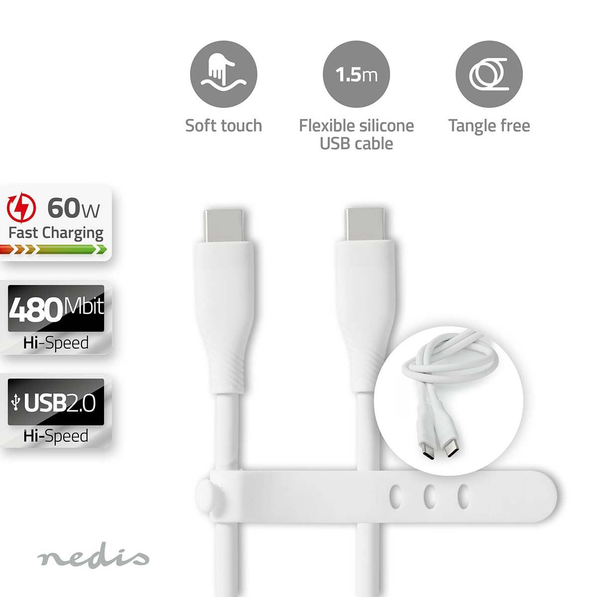 Nedis USB Cable | USB 2.0 | USB-C™ Male | USB-C™ Male | 60 W | 480 Mbps | Nickel Plated | 1.50 m | Round | Silicone | White | Box