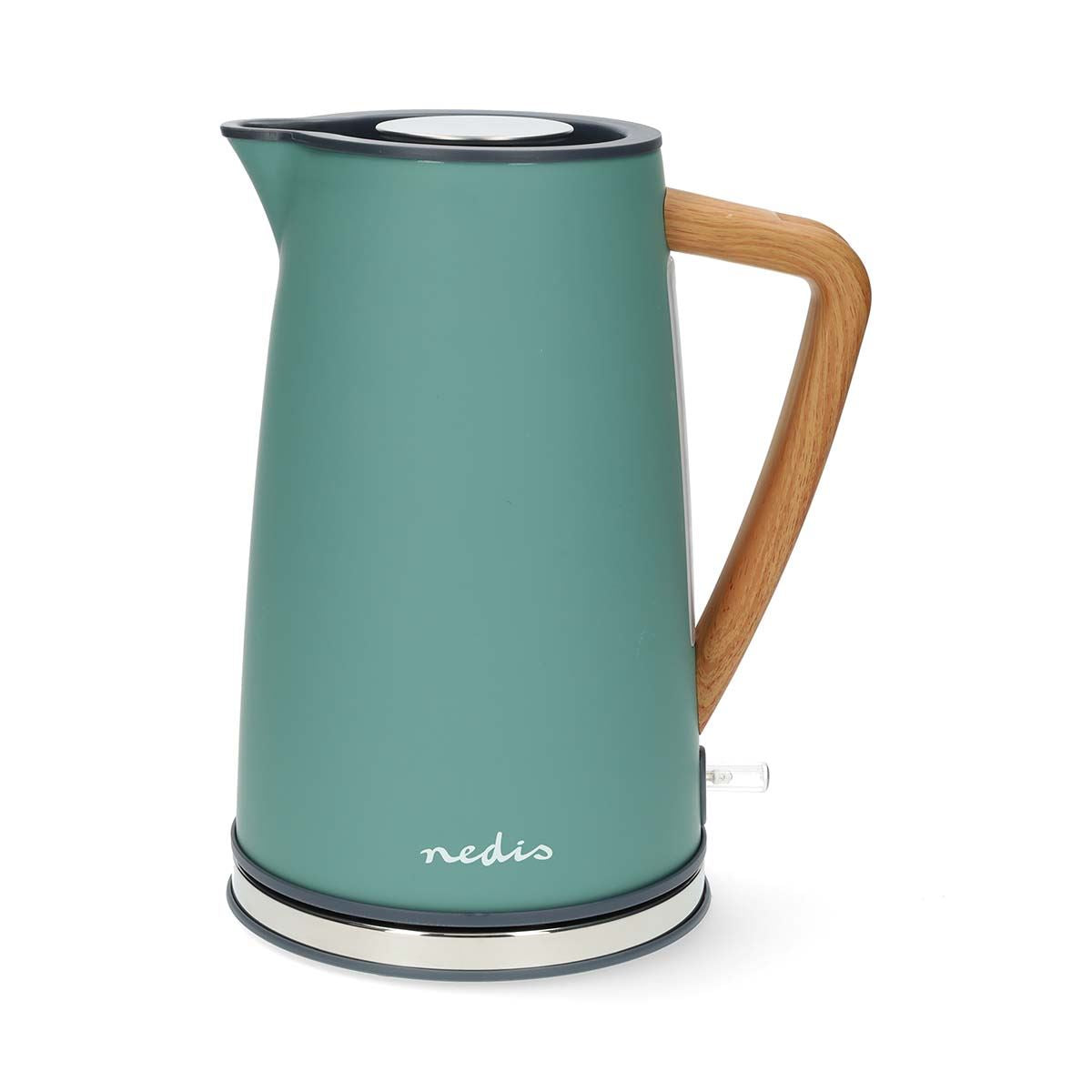 Nedis 1.7L Soft Touch Jug Kettle with Wood Effect Handle, Overheat Protection, Removeable Filter, 2.2KW - Matte Green