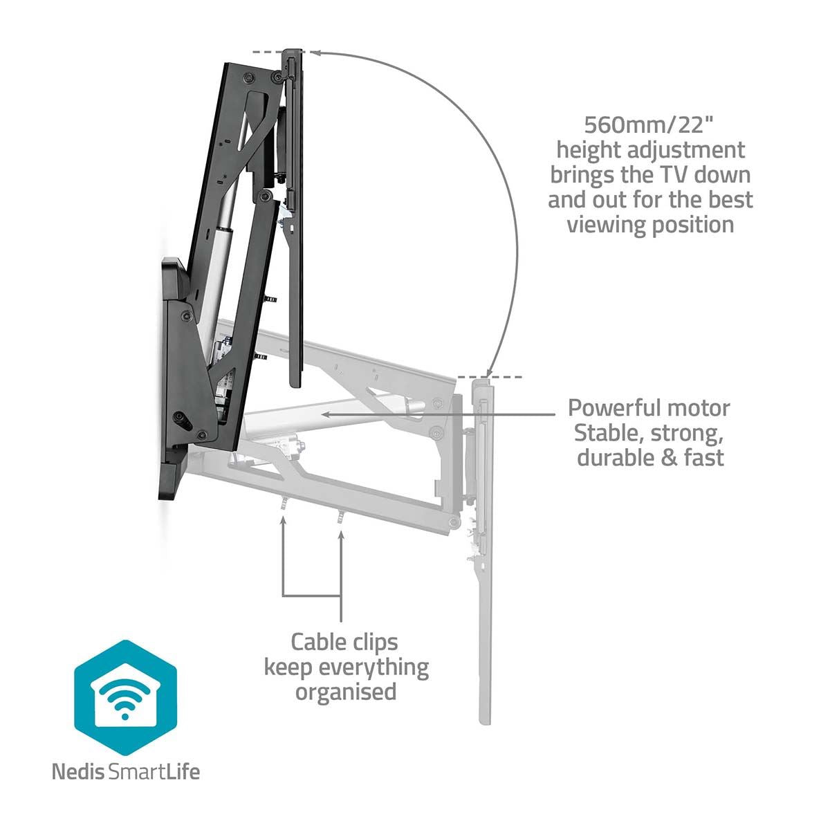 Nedis SmartLife Motorised Lift TV Wall Mount Bracket for 37-75" Screen Max 35kg Adjustable Height Tilt and Swivel with Remote Control