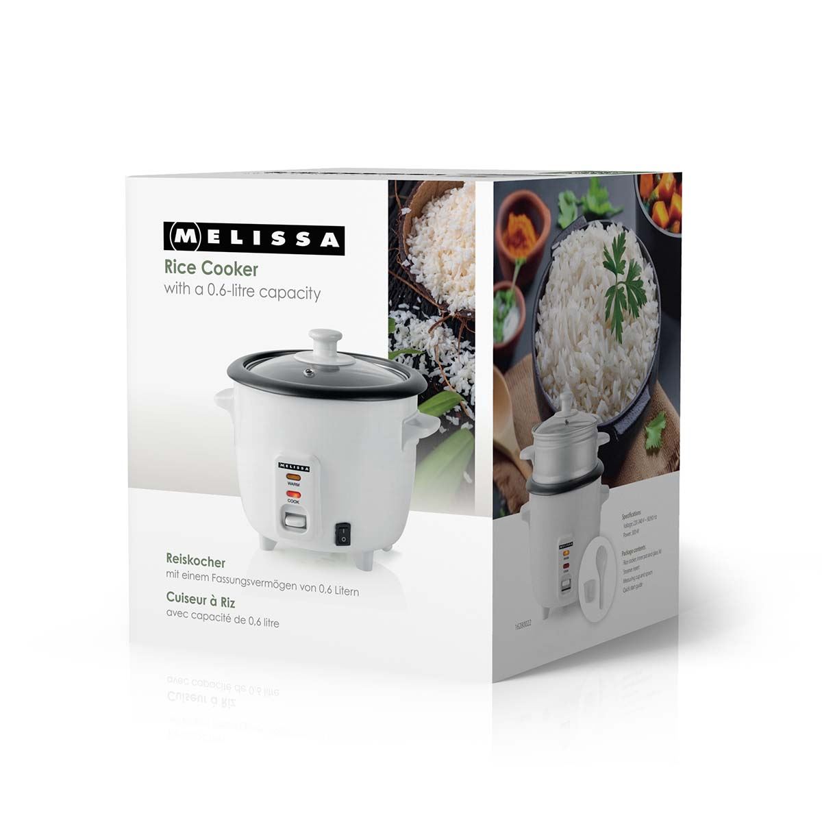 MELISSA 0.6L Rice Cooker & Steamer with Keep-Warm Function, 300W, for 1-2 People, Quick Preparation Without Burning, Non-Stick Coating incl. Steamer Insert