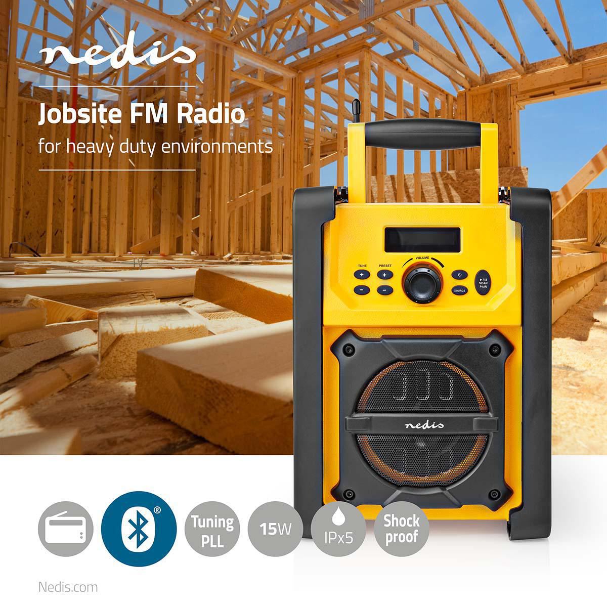 Nedis FM Radio | Jobsite Radio | FM | Battery Powered / Mains Powered | Digital | 15 W | Screen size: 2.2 " | Blue White Screen | IPX5 | Carrying handle | Black / Yellow