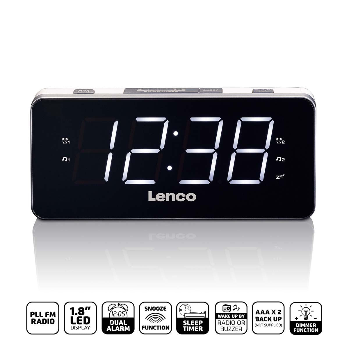 Lenco FM Radio Alarm Clock Radio with Large Clear to Read  1.8" LED Digital White Display | White