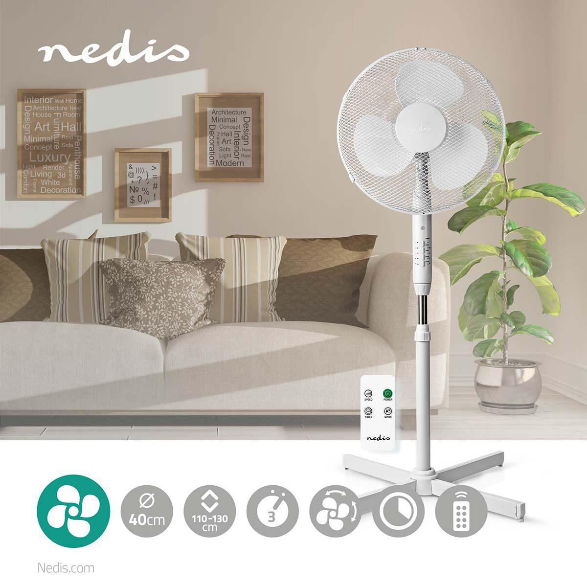 Nedis 40cm Stand Fan 3-Speed with Oscillation 40W, Adjustable height, Shut-off timer, Remote control - White